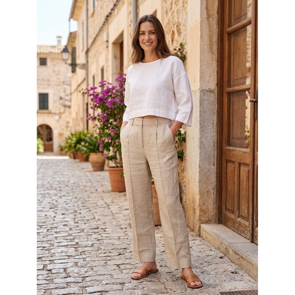 Nili Lotan Beige 100% Linen Pleated Wide Leg Trousers Pants Size 4 Made in USA